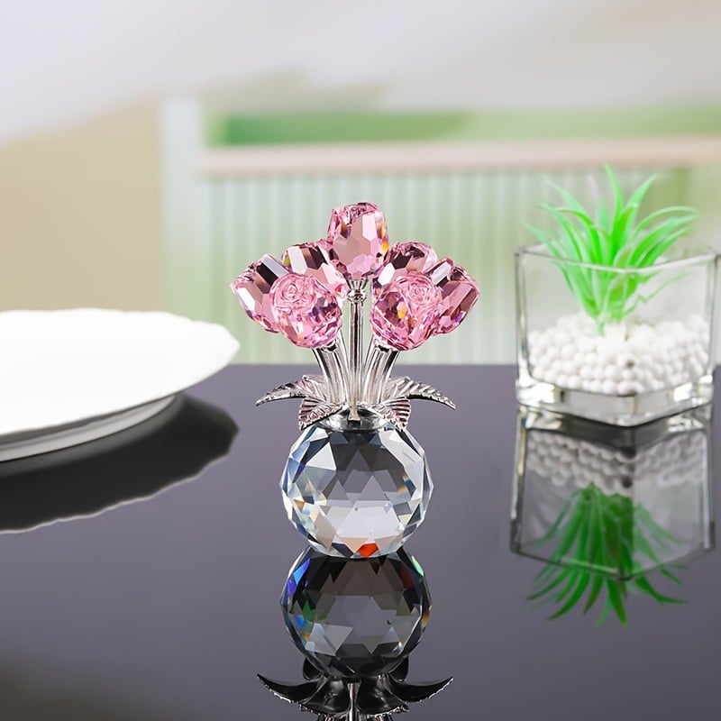 🎁Mother's Day Sale❤️ Crystal Colourful Rose Flower Collectible Figurine with Vase