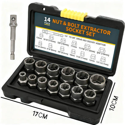 14Pc Impact Bolt & Nut Extractor Set – Stripped Lug & Rounded Bolt Remover for Damaged, Frozen Fasteners