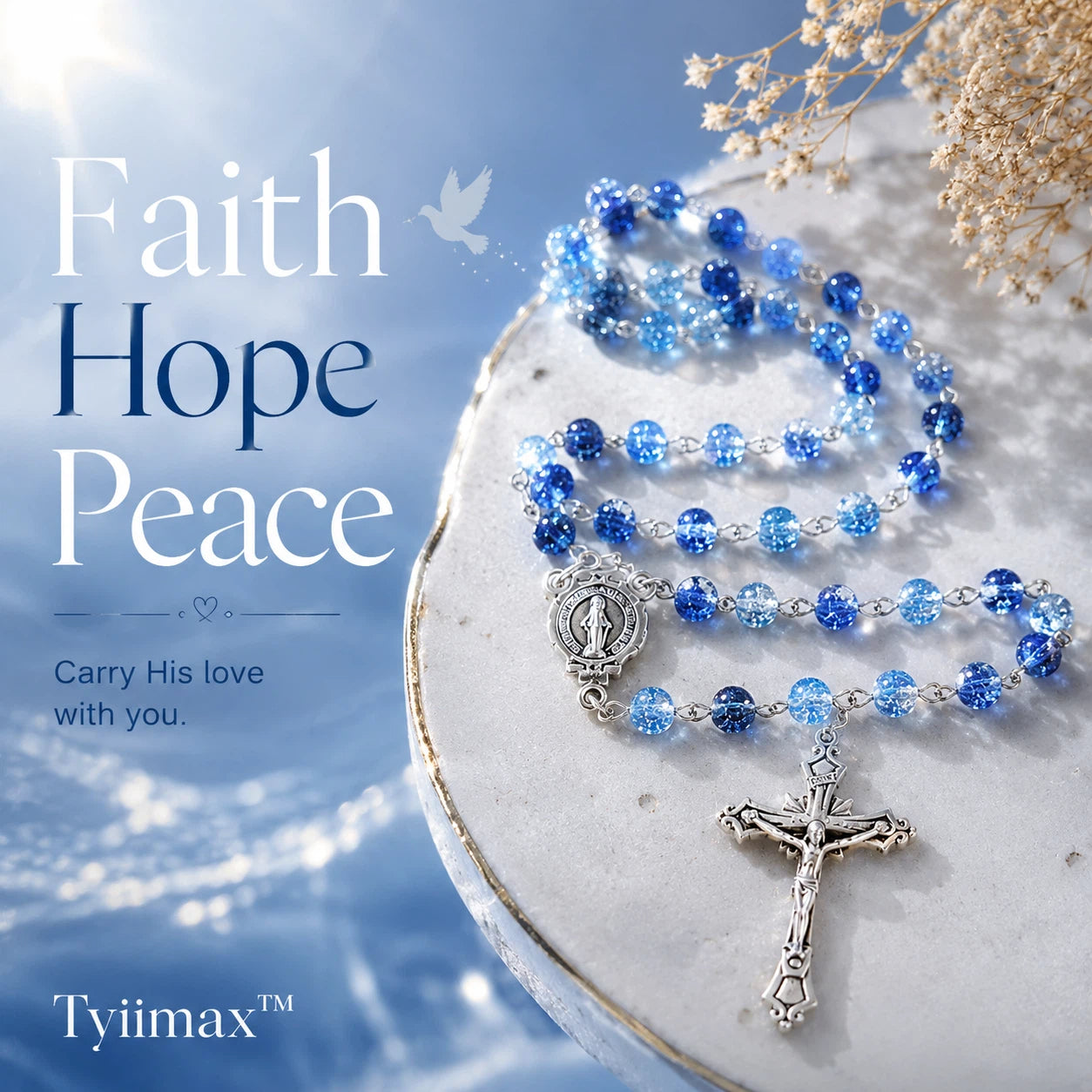 TYIIMAX™ Ocean Blue Crystal Rosary Necklace with Prayer Case – Catholic Glass Bead Rosary Gift