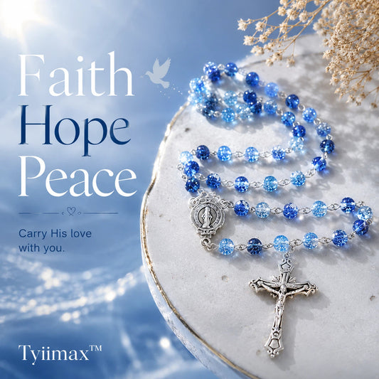 TYIIMAX™ Ocean Blue Crystal Rosary Necklace with Prayer Case – Catholic Glass Bead Rosary Gift