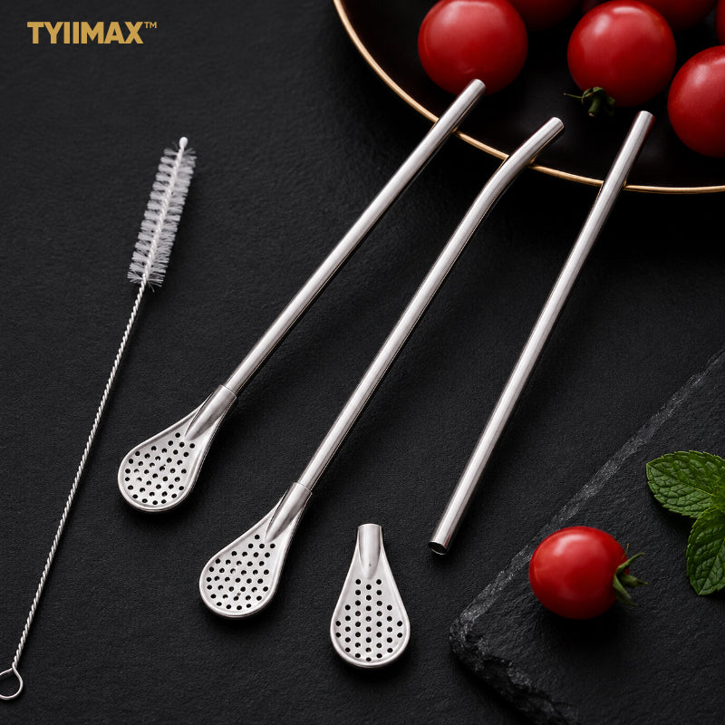 TYIIMAX™ 2-in-1 Stainless Steel Straw & Spoon – Reusable Drinking Straw with Stirring Spoon, Filter & Cleaning Brush