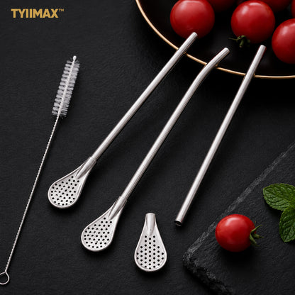TYIIMAX™ 2-in-1 Stainless Steel Straw & Spoon – Reusable Drinking Straw with Stirring Spoon, Filter & Cleaning Brush