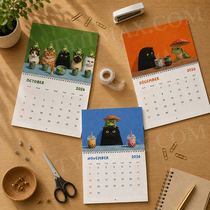 2026–2027 Frog & Cat Tea Time Wall Calendar | Cottagecore Academic Calendar (July 2026–June 2027)