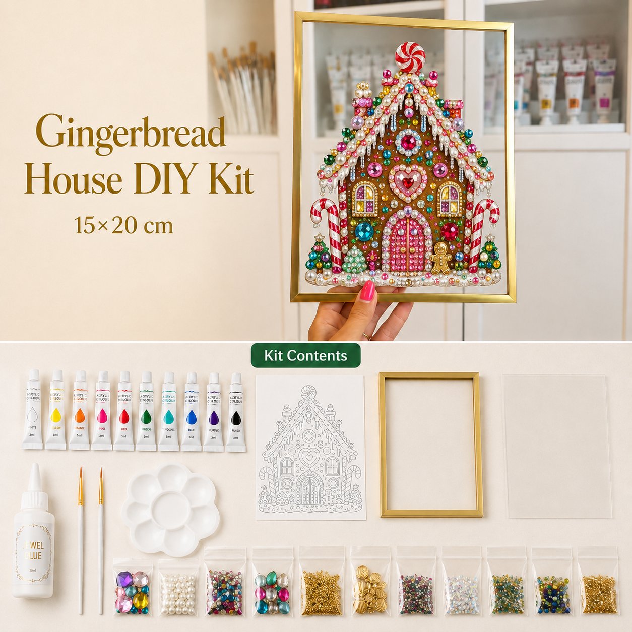 🎄 DIY Jeweled Christmas Tree Art Kit | Colorful Gems, Pearls, Paints & Gold-Tone Floating Display Frame 💎✨