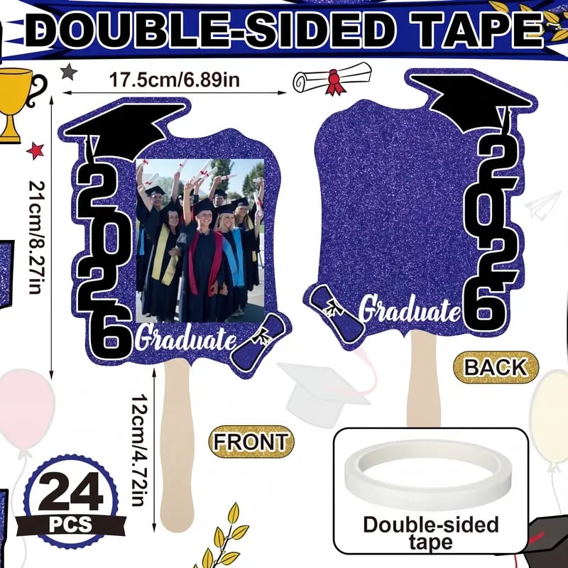 🎓Class of 2026 Graduation Fan Set (24 Pack) — Double-Sided Photo Props with Handles