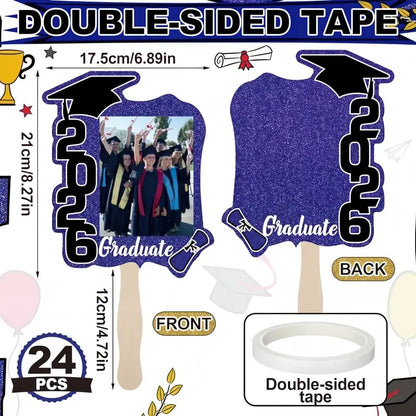 🎓Class of 2026 Graduation Fan Set (24 Pack) — Double-Sided Photo Props with Handles
