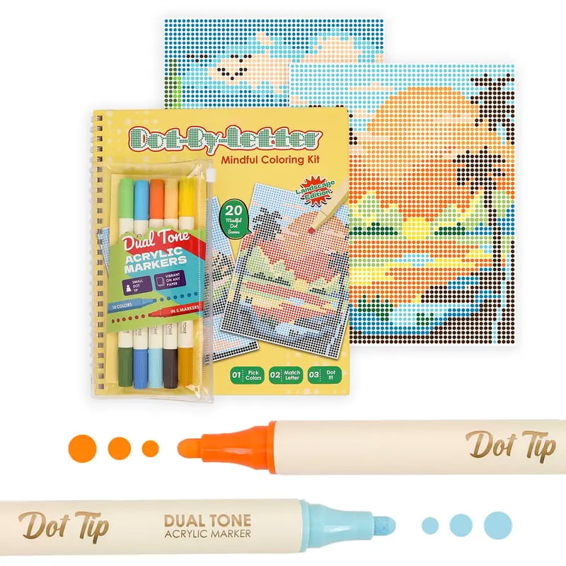 🎨📖Dot-By-Letter Mindful Coloring Kit - Stress Relief Dot Marker Art Set with 10 Vibrant Colors & 20 Hidden Scene