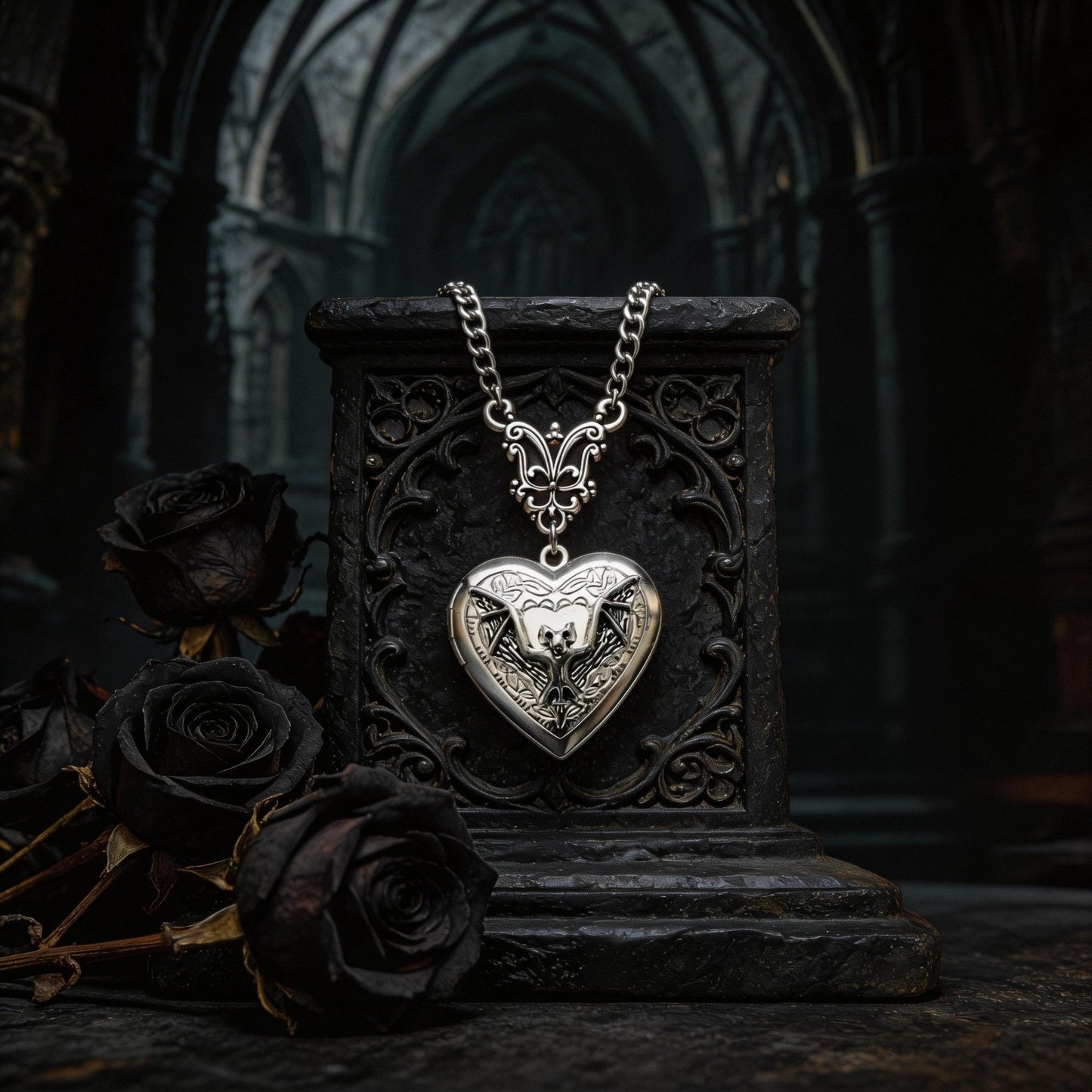 Gothic Bat Heart Locket – Vintage Necklace for Witchy Girls
