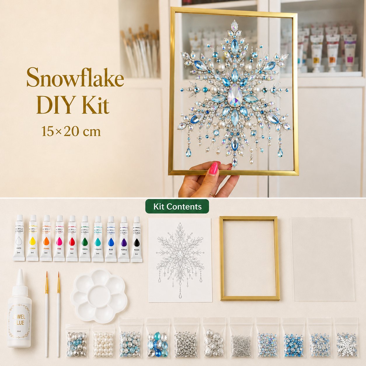 🎄 DIY Jeweled Christmas Tree Art Kit | Colorful Gems, Pearls, Paints & Gold-Tone Floating Display Frame 💎✨