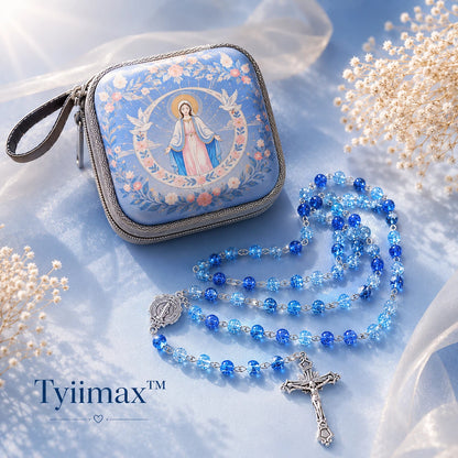 TYIIMAX™ Ocean Blue Crystal Rosary Necklace with Prayer Case – Catholic Glass Bead Rosary Gift