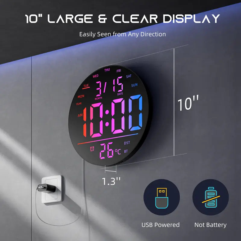 🌈 TYIIMAX™ 10' RGB Smart Wall Clock – Futuristic LED Digital Clock with Music Sync & Ambient Lights