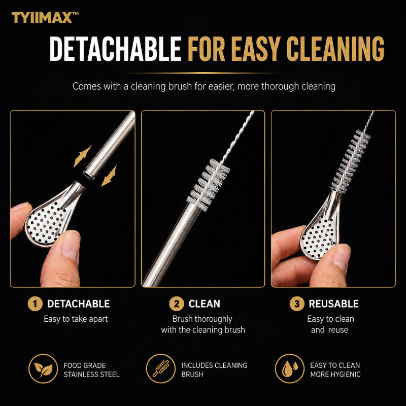 TYIIMAX™ 2-in-1 Stainless Steel Straw & Spoon – Reusable Drinking Straw with Stirring Spoon, Filter & Cleaning Brush