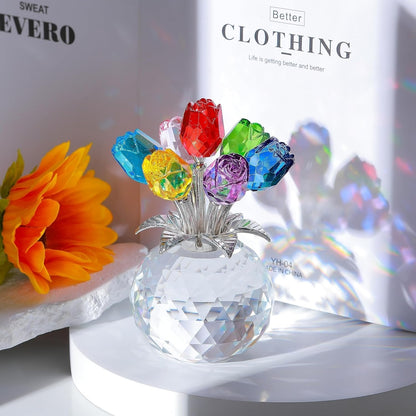 🎁Mother's Day Sale❤️ Crystal Colourful Rose Flower Collectible Figurine with Vase