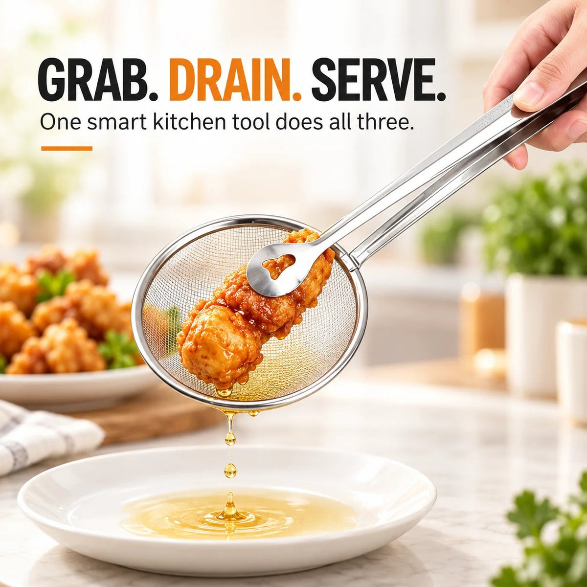 🔥Tyiimax™ 2-in-1 Stainless Steel Strainer Tongs – Grab, Drain & Serve with One Tool