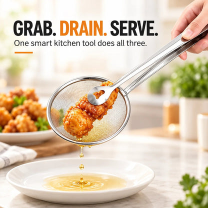 🔥Tyiimax™ 2-in-1 Stainless Steel Strainer Tongs – Grab, Drain & Serve with One Tool