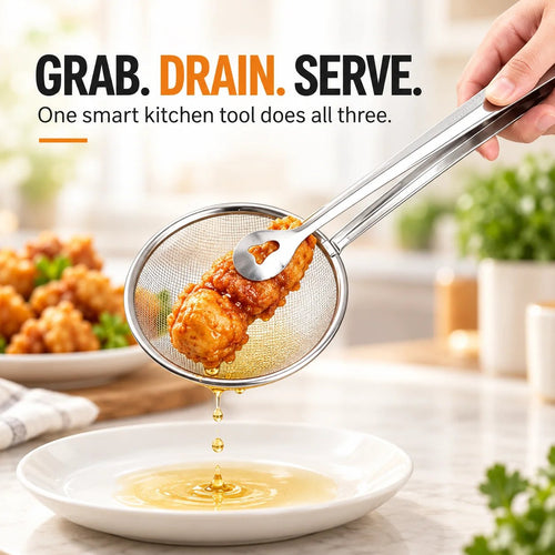 🔥Tyiimax™ 2-in-1 Stainless Steel Strainer Tongs – Grab, Drain & Serve with One Tool