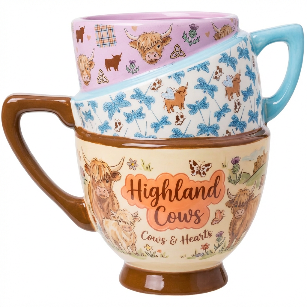 Highland Cow Ceramic Mug – Unique Stacked-Style Design Coffee Cup, Cute Farm Animal Mug for Cow Lovers