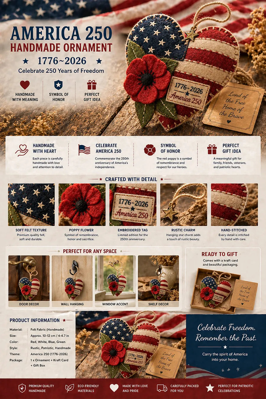 Handmade America 250 Heart Ornament – Patriotic Fabric Decor with Poppy Flower (1776–2026 Anniversary Edition)