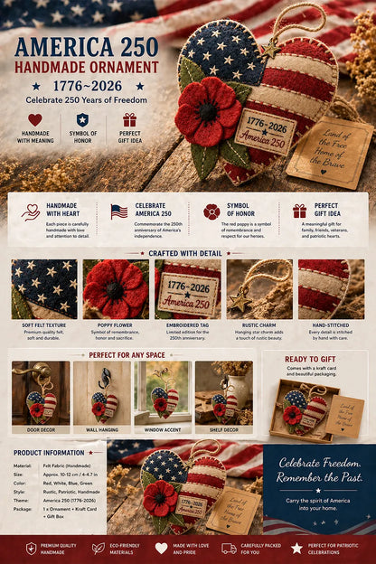 Handmade America 250 Heart Ornament – Patriotic Fabric Decor with Poppy Flower (1776–2026 Anniversary Edition)