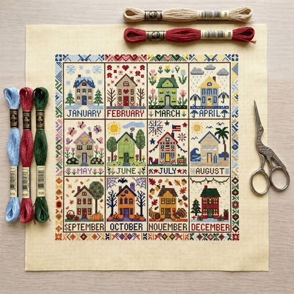 🏡 12-Month Seasons & Holidays Cross Stitch Kit — Relaxing DIY Craft Project for Beginners & Craft Lovers