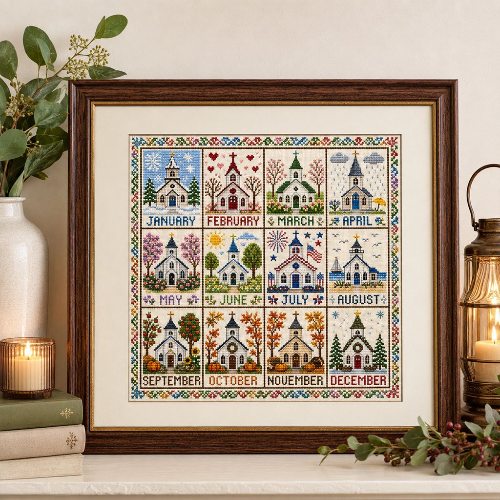 🏡 12-Month Seasons & Holidays Cross Stitch Kit — Relaxing DIY Craft Project for Beginners & Craft Lovers