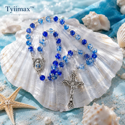 TYIIMAX™ Ocean Blue Crystal Rosary Necklace with Prayer Case – Catholic Glass Bead Rosary Gift