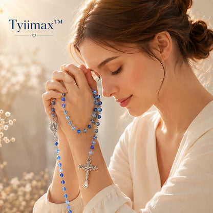 TYIIMAX™ Ocean Blue Crystal Rosary Necklace with Prayer Case – Catholic Glass Bead Rosary Gift