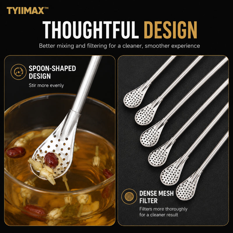 TYIIMAX™ 2-in-1 Stainless Steel Straw & Spoon – Reusable Drinking Straw with Stirring Spoon, Filter & Cleaning Brush