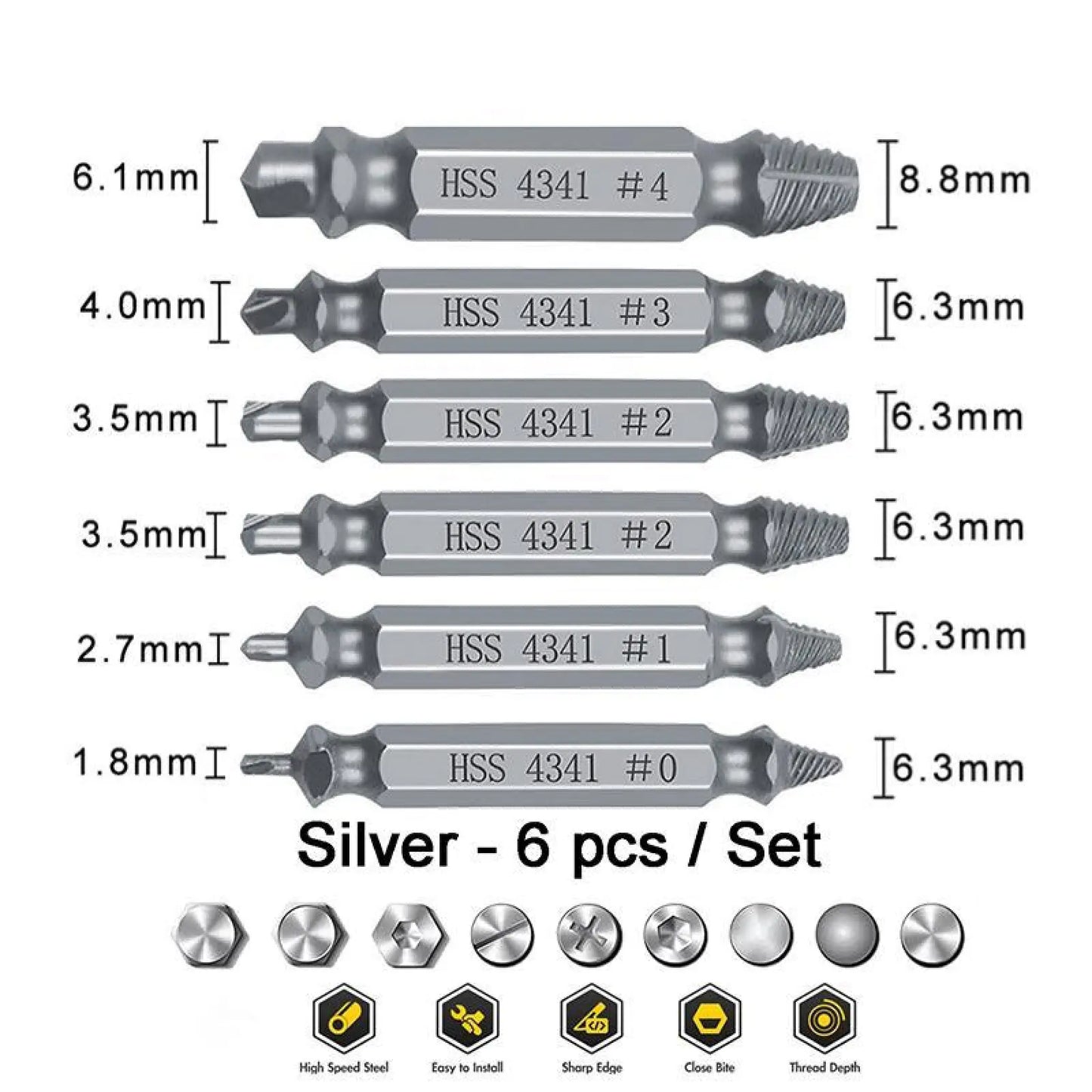 Stripped & Broken Screw Remover Set – 6 Pcs Easy Out Bolt Extractor, Double‑Head Design for Damaged Screws