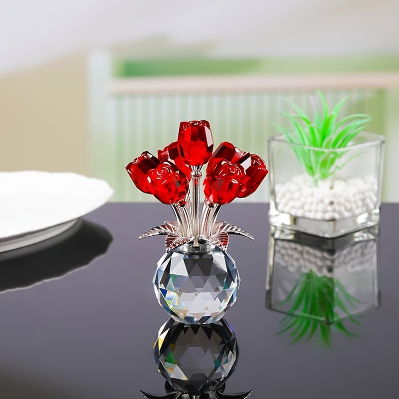 🎁Mother's Day Sale❤️ Crystal Colourful Rose Flower Collectible Figurine with Vase