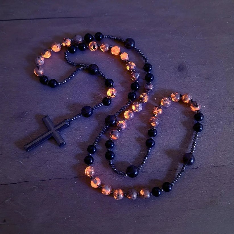 Natural Obsidian Yooperlite Rosary Necklace