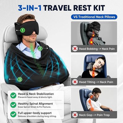 TYII™ 3-in-1 Travel Pillow with Eye Mask – Neck Support for Airplane, Car & Train