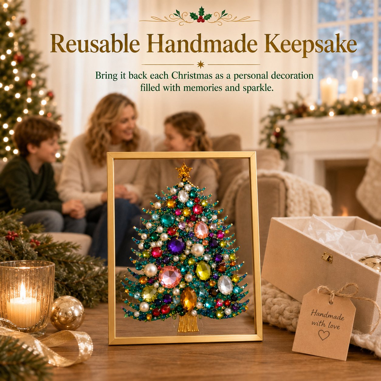 🎄 DIY Jeweled Christmas Tree Art Kit | Colorful Gems, Pearls, Paints & Gold-Tone Floating Display Frame 💎✨