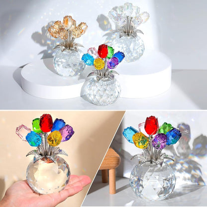 🎁Mother's Day Sale❤️ Crystal Colourful Rose Flower Collectible Figurine with Vase