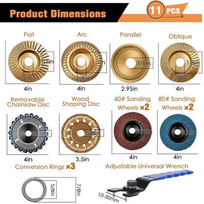 11PCS Wood Carving Disc Set for 4" or 4½" Angle Grinder – Stump Tool Grinding Wheel, Woodworking Attachment