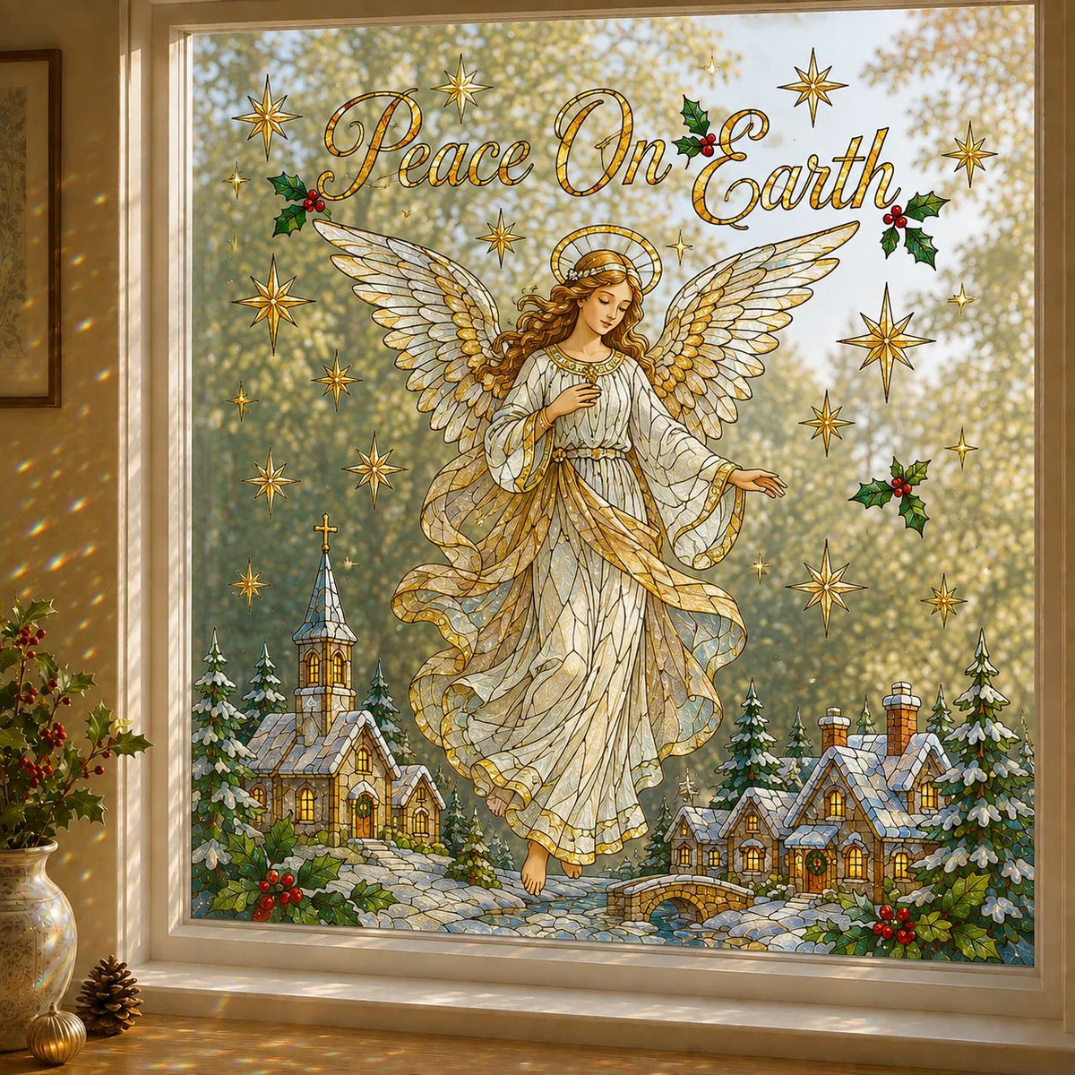 ✨ Holographic Christmas Window Cling – Sparkling Stained Glass Style Window Decoration