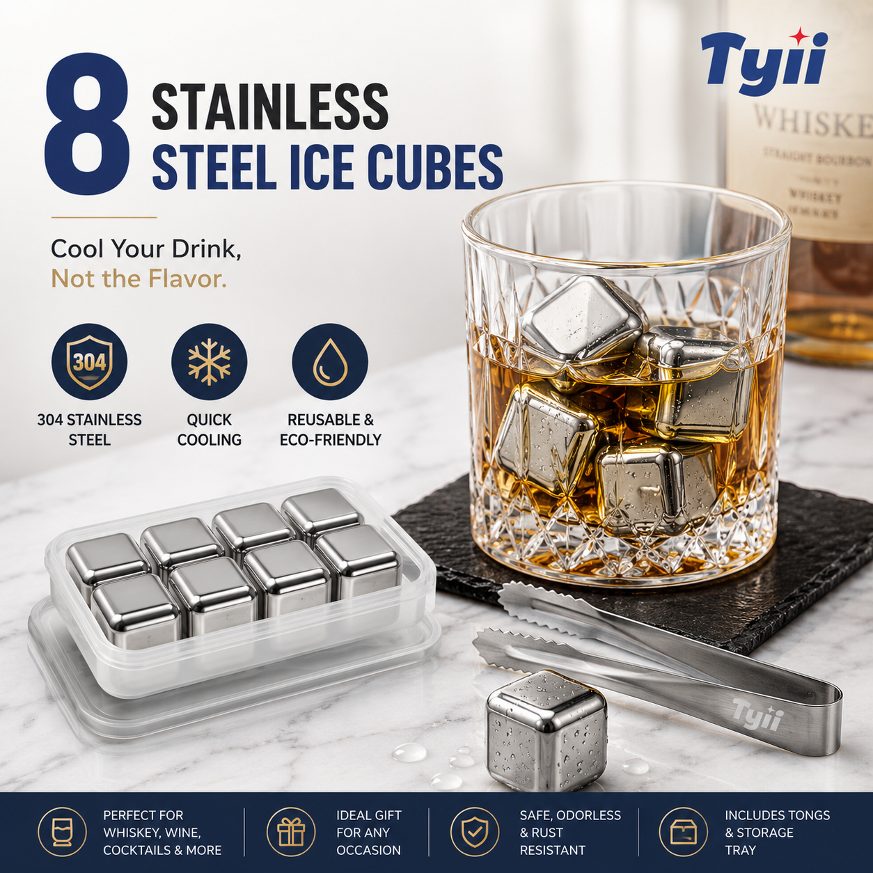 8PCS Stainless Steel Whiskey Stones – Reusable Metal Ice Cubes with Tongs
