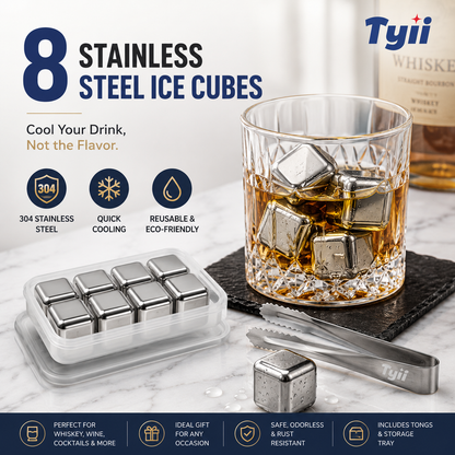8PCS Stainless Steel Whiskey Stones – Reusable Metal Ice Cubes with Tongs