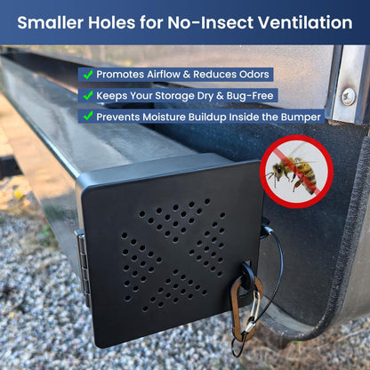 Aluminum RV Bumper End Cap- Fits Standard 4-Inch Square Camper Bumpers, No-Insect Vent Holes, Secure Sewer Hose Storage, Must-Have Travel Trailer Accessories
