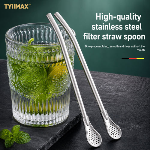 TYIIMAX™ 2-in-1 Stainless Steel Straw & Spoon – Reusable Drinking Straw with Stirring Spoon, Filter & Cleaning Brush