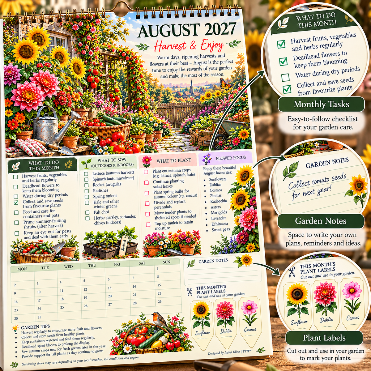 2027 Four Seasons Gardening Calendar & Monthly Planner – A4 Wall Calendar with Planting Guide, Garden Tasks & Plant Labels | TYII™