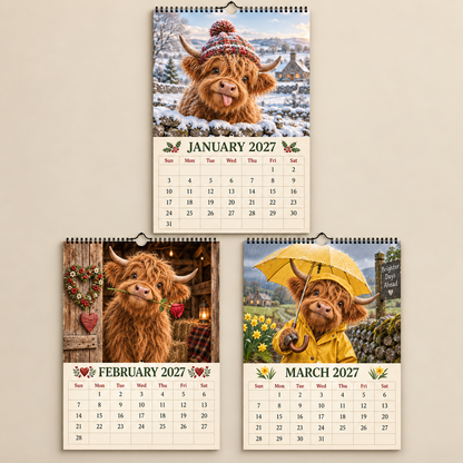 2027 Funny Highland Cow Wall Calendar | Full‑Year of Goofy Fluffy Highland Cow Vibes