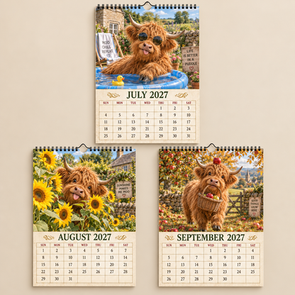 2027 Funny Highland Cow Wall Calendar | Full‑Year of Goofy Fluffy Highland Cow Vibes
