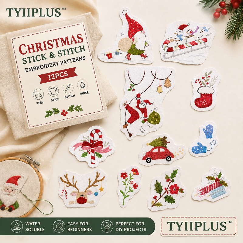 🎅 Christmas Santa Stick & Stitch Embroidery Patterns for Beginners | Wash-Away DIY Embroidery Transfers (12PCS)