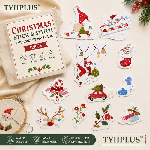 🎅 Christmas Santa Stick & Stitch Embroidery Patterns for Beginners | Wash-Away DIY Embroidery Transfers (12PCS)