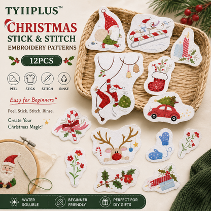 🎅 Christmas Santa Stick & Stitch Embroidery Patterns for Beginners | Wash-Away DIY Embroidery Transfers (12PCS)
