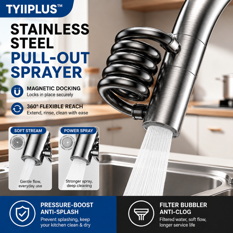 304 Stainless Steel Pull-Out Faucet Sprayer Head | 2-Mode Kitchen Sink Faucet Extender with 360° Flexible Hose