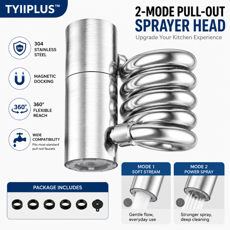 304 Stainless Steel Pull-Out Faucet Sprayer Head | 2-Mode Kitchen Sink Faucet Extender with 360° Flexible Hose