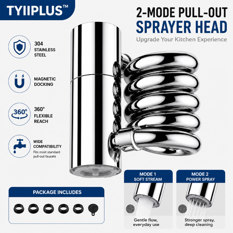 304 Stainless Steel Pull-Out Faucet Sprayer Head | 2-Mode Kitchen Sink Faucet Extender with 360° Flexible Hose