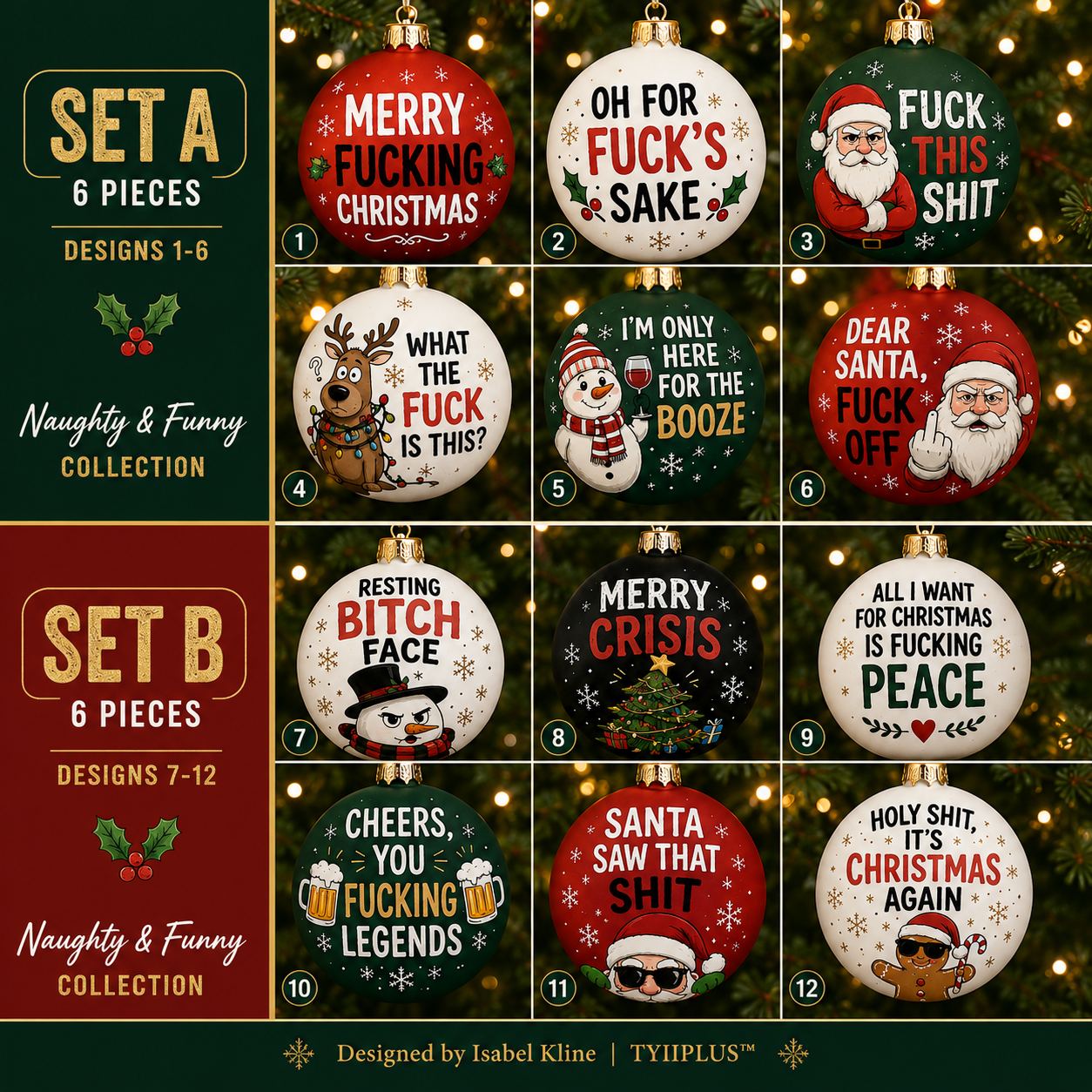 TYIIMAX™ Naughty Christmas Ornaments – Funny Swear Word Baubles for Adults, Black & Gold Christmas Tree Decorations